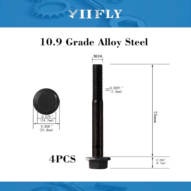 YIIFLY M10 x 75mm Flanged Hex Head Bolts Flange Hexagon Screws, M10x1.5 Bolt, 10.9 Grade Alloy Steel, Hexagon Head Bolts, Black Zinc Finish, Half Thread, Quantity 4 - Image 3